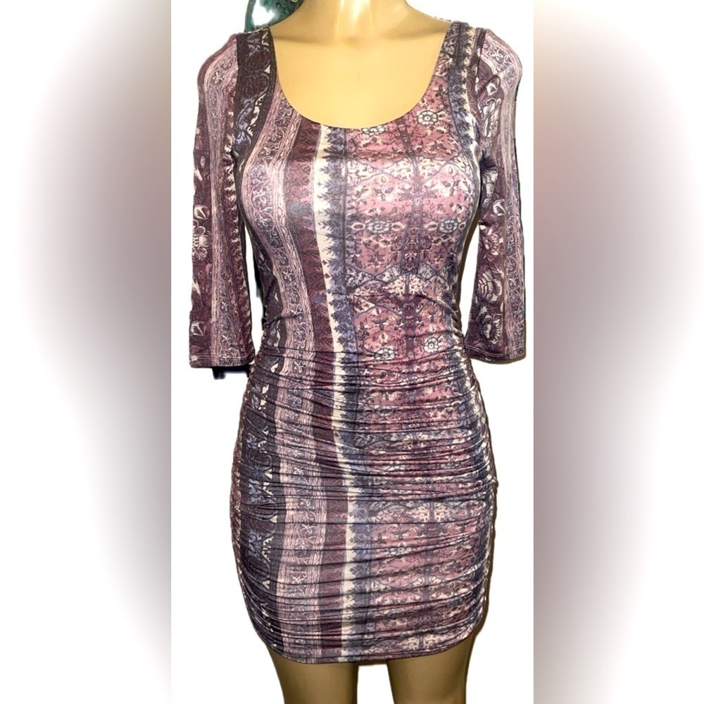 Free People Jasmine Boho Ruched 3/4 in Sleeve Mini Dress XS
